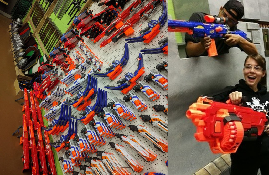Wall of Nerf blasters at Battle Archery