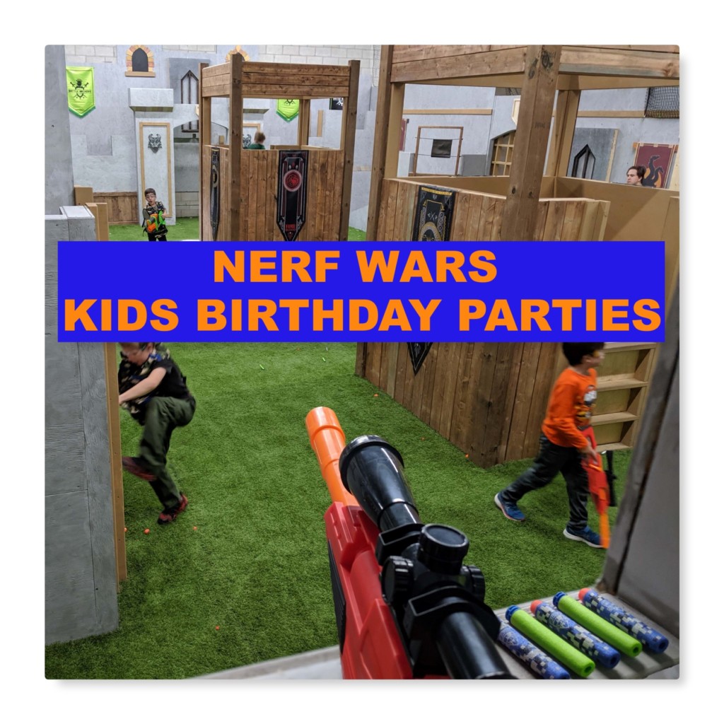 nerf kid battle sniper pointing at the kids from a castle window